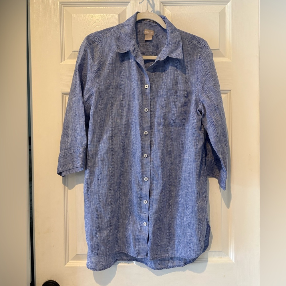 Chico’s Linen Button Down Tunic Blue Size 1 Medium‎ 3/4 sleeve